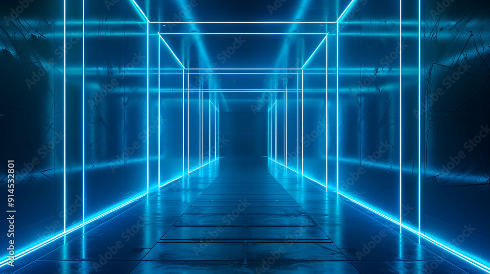 Futuristic Corridor with Glowing Blue Neon Lights Futuristic Corridor with Glowing Blue Neon Lights