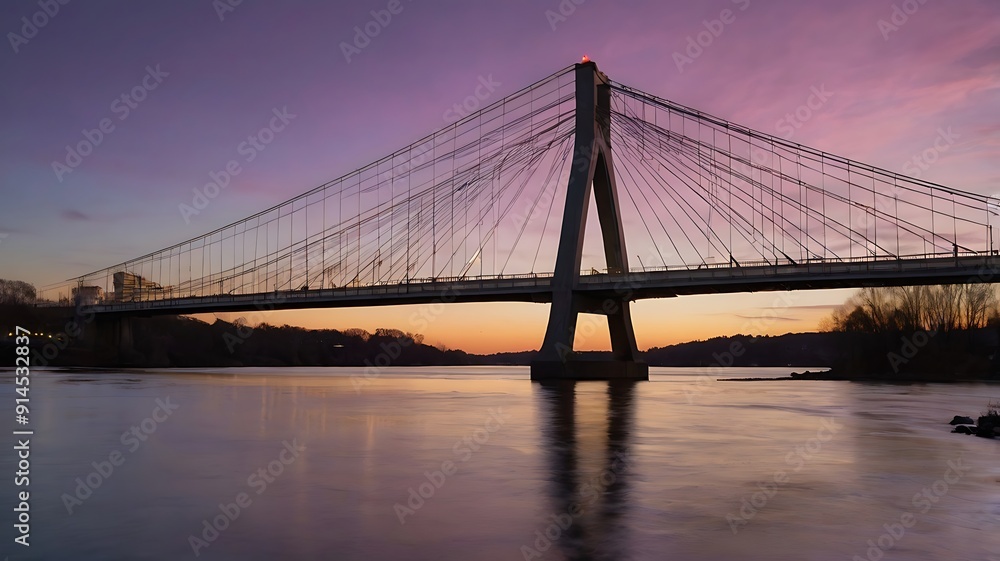 Fototapeta premium a suspension bridge spanning across a calm river during sunset. The bridge, with its sleek cables and towers, is silhouetted against a gradient sky transitioning from deep purple at the top to a warm