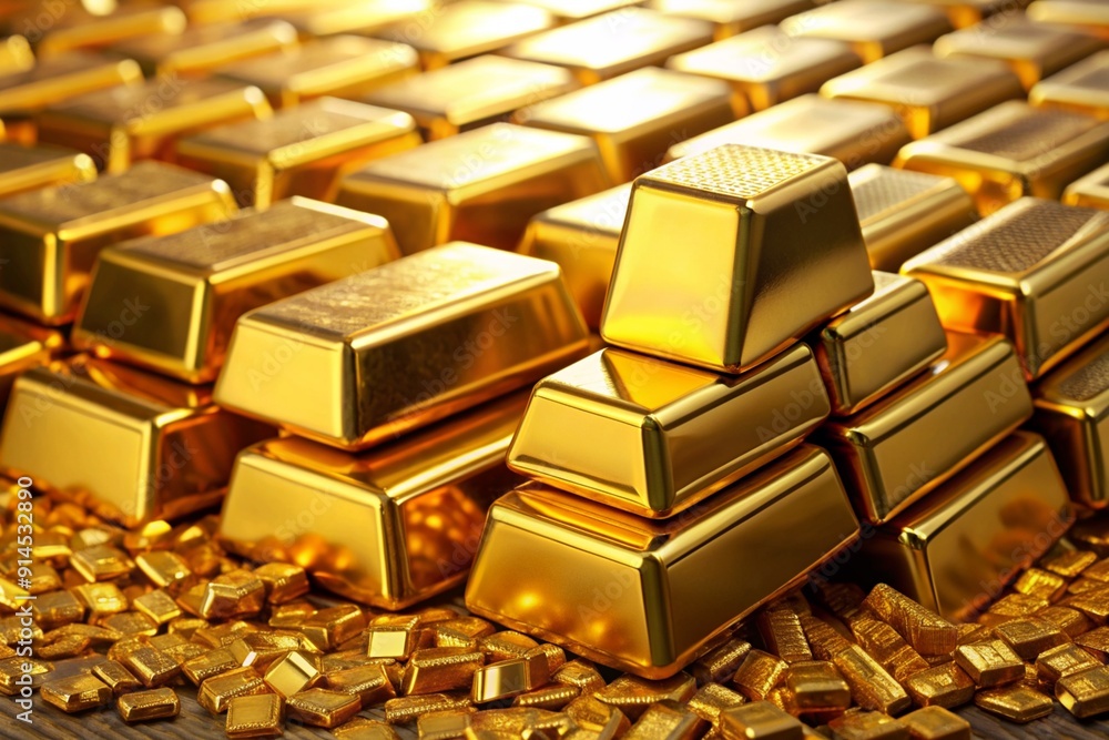 A pile of gold bars with one of them being a gold coin A pile of gold bars with one of them being a gold coin