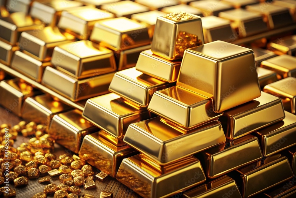 A pile of gold bars with one of them being a gold coin A pile of gold bars with one of them being a gold coin