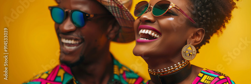 Stylish Couple Laughing Together in Colorful Outfits photo