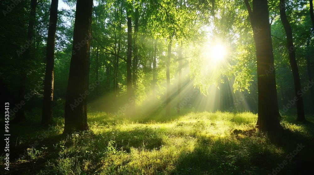 Sunburst illuminating lush green forest scenery Sunburst illuminating lush green forest scenery