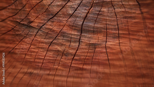 Cross-section of dry reddish-dark tree trunk with cracks. Blurred edges. Selective focus photo