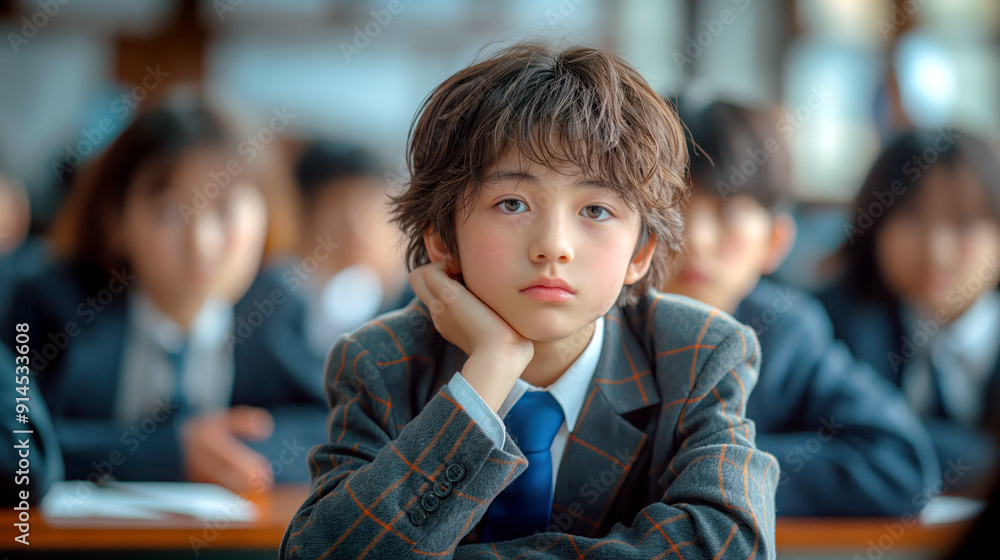 Asian boy in a school uniform, with a thoughtful expression, sitting in a classroom with his classmates in the background, focused on the lesson.
Asian boy in a school uniform, with a thoughtful expression, sitting in a classroom with his classmates in the background, focused on the lesson.