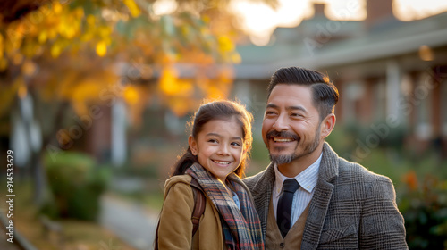 Smiling Asian father and daughter enjoying a warm autumn day outdoors, with the daughter wearing a plaid scarf and backpack, and the father dressed in a gray coat and tie, surrounded by soft golden li