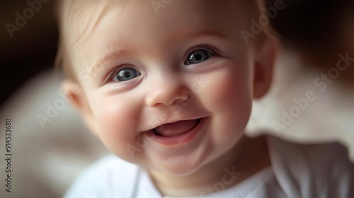 Smiling baby with blue eyes and a joyful expression