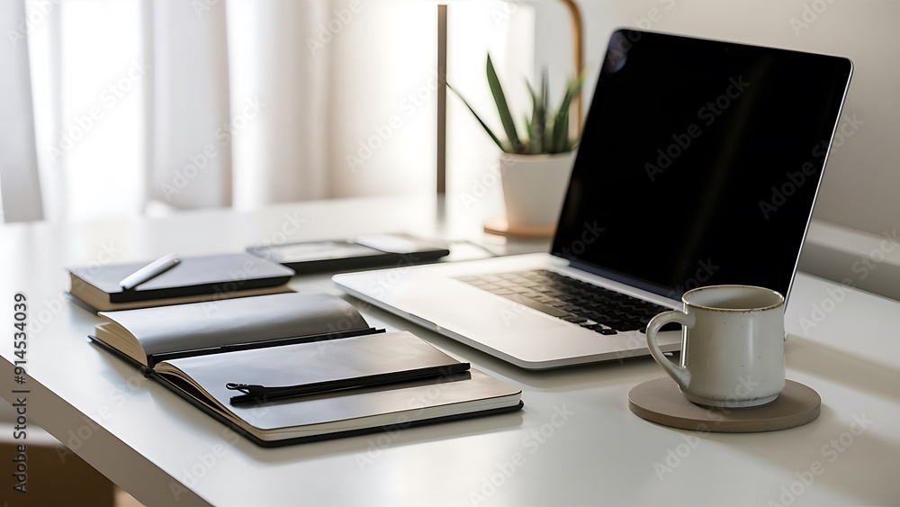 Modern workplace with laptop computer, coffee cup and office supplies Modern workplace with laptop computer, coffee cup and office supplies