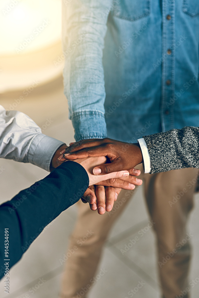 Obraz premium Business people, hands together and unity with meeting for teamwork, collaboration or agreement at office. Closeup or group of employees piling in solidarity for motivation or mission at workplace
