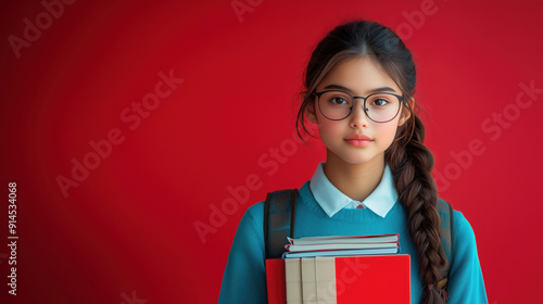 Serious Asian teenage girl with glasses and a long braided hairstyle, wearing a blue sweater and holding books, standing against a solid red background. The atmosphere is studious and focused.

