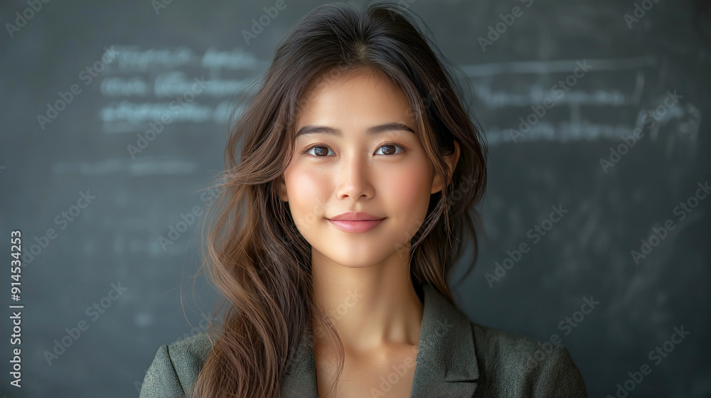 Portrait of a confident Asian woman with long wavy hair standing in front of a chalkboard, wearing a green blazer. The atmosphere is professional and poised.
Portrait of a confident Asian woman with long wavy hair standing in front of a chalkboard, wearing a green blazer. The atmosphere is professional and poised.