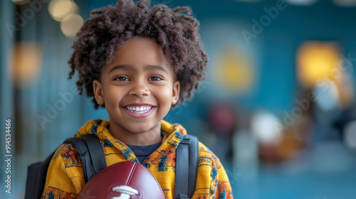 Smiling African American boy with curly hair holding a football and wearing a backpack in a brightly lit indoor space. The atmosphere is energetic and joyful.

 photo