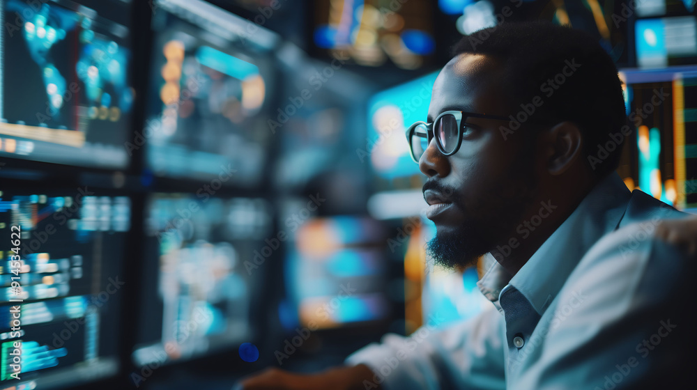 Man analyzing data on multiple screens Man analyzing data on multiple screens