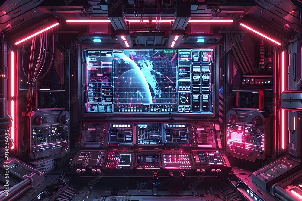 Optics background with lots of spots. The control room is futuristic, featuring neon lights and digital displays. Optics background with lots of spots. The control room is futuristic, featuring neon lights and digital displays.