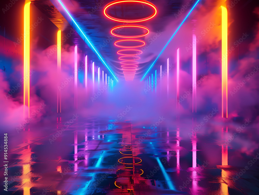 Neon-lit futuristic hallway with smoke Neon-lit futuristic hallway with smoke