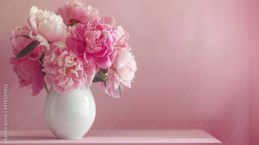 Pink peonies in vase on home table, space for text. Decor Pink peonies in vase on home table, space for text. Decor