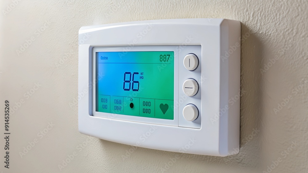 Climate Control Panel. A digital thermostat displaying 86 degrees Fahrenheit, mounted on a wall. Climate Control Panel. A digital thermostat displaying 86 degrees Fahrenheit, mounted on a wall.