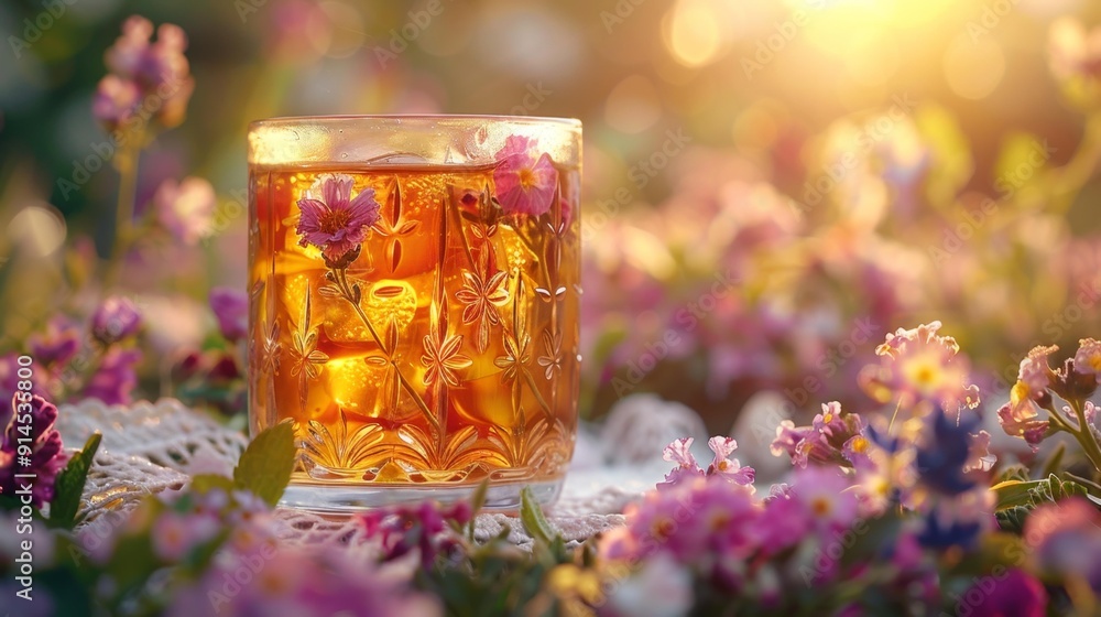 Glass of iced tea with flowers in a sunny garden - generative ai Glass of iced tea with flowers in a sunny garden - generative ai