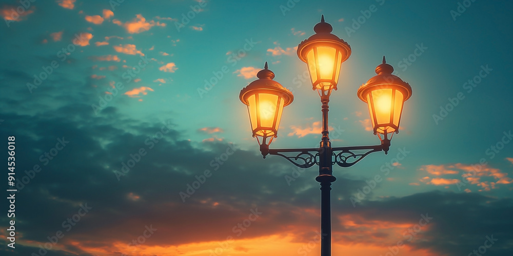 an old Asian double street lamp in the evening an old Asian double street lamp in the evening