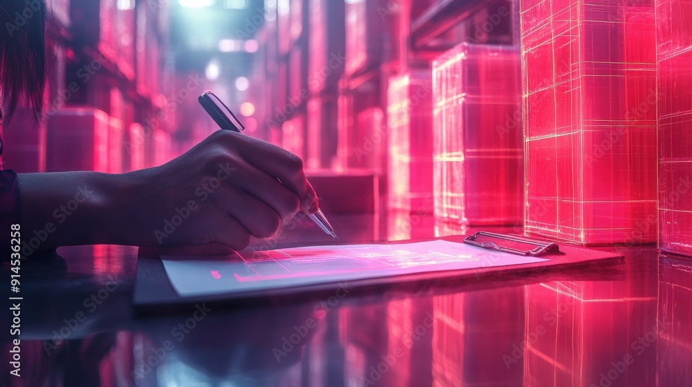 Naklejka premium A close-up of a hand writing on a clipboard in a warehouse illuminated by vibrant pink lighting, with stacks of boxes in the background.
