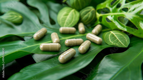 organic herb supplement capsules arranged artfully on a background of lush green leaves photo