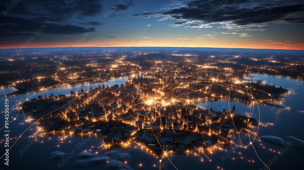 Stunning aerial views of illuminated cities at night. Stunning aerial views of illuminated cities at night.