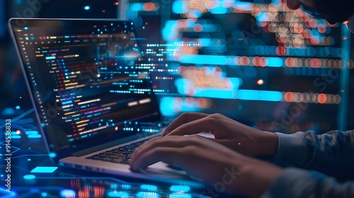 Concept of software development and digital technology. Working on a laptop with a circuit board and javascript on a virtual screen, the internet of things programmer I.T.