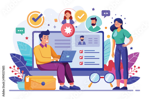 Recruitment, search employees online, hiring process, human resource management. 3d design concept with characters for landing page. Three dimensional vector illustration for website, banner.