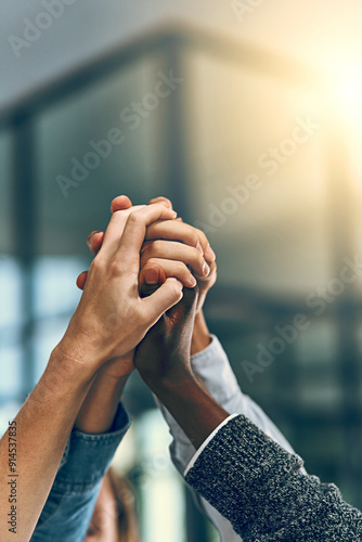 Foto Solidarity, business people and hands in office for diversity, inclusion and acceptance for equal opportunity