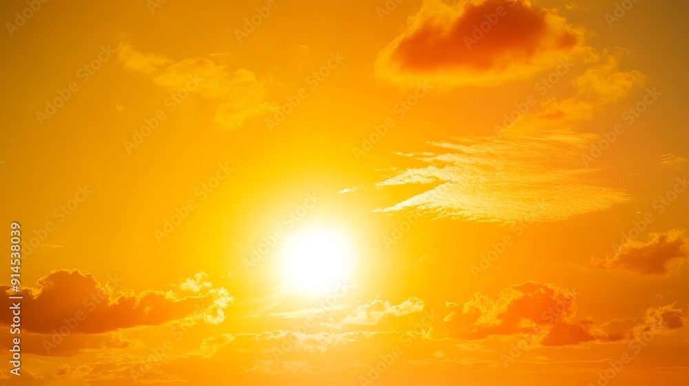 Fototapeta premium Bright orange sun in a vibrant sunset sky with clouds