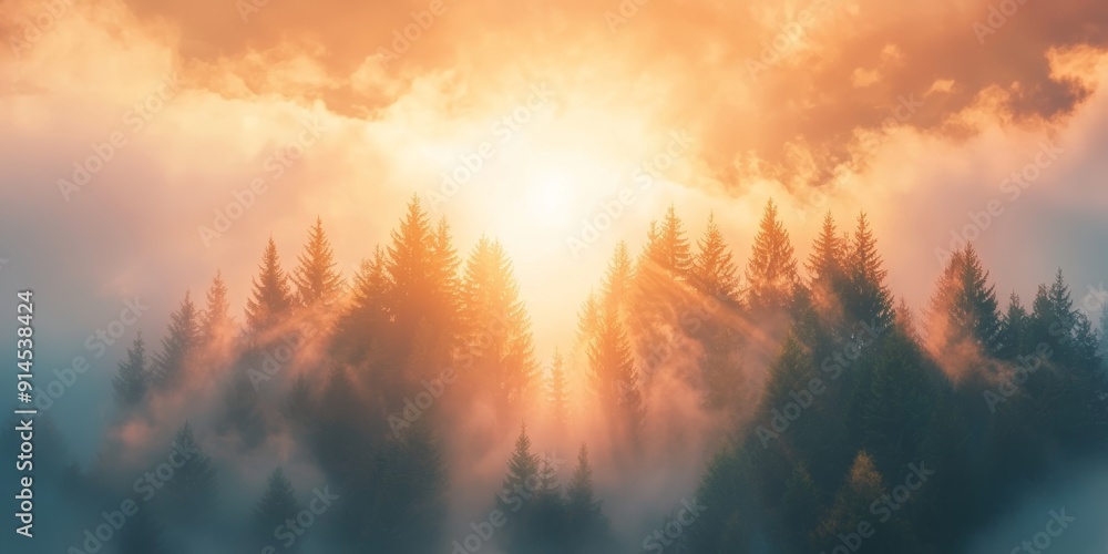 Naklejka premium Mystical Forest Landscape with Fog and Clouds, Nature Scenery for Travel and Adventure Generative AI
