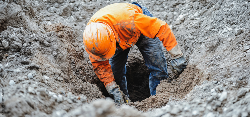 Construction Worker Digging a Trench at a Worksite on a Sunny Day Construction Worker Digging a Trench at a Worksite on a Sunny Day