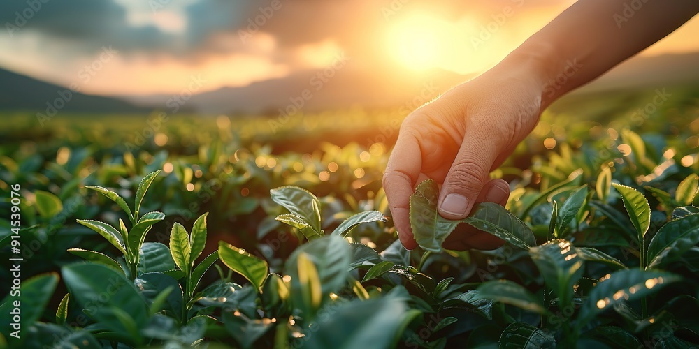 Fototapeta premium green tea leaf in hand on background of mountains. Harvesting tea by farmer hand