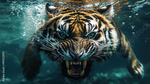 A powerful tiger swims underwater with a determined and fierce expression, encapsulating both the raw power of the animal and the beauty of aquatic grace. photo