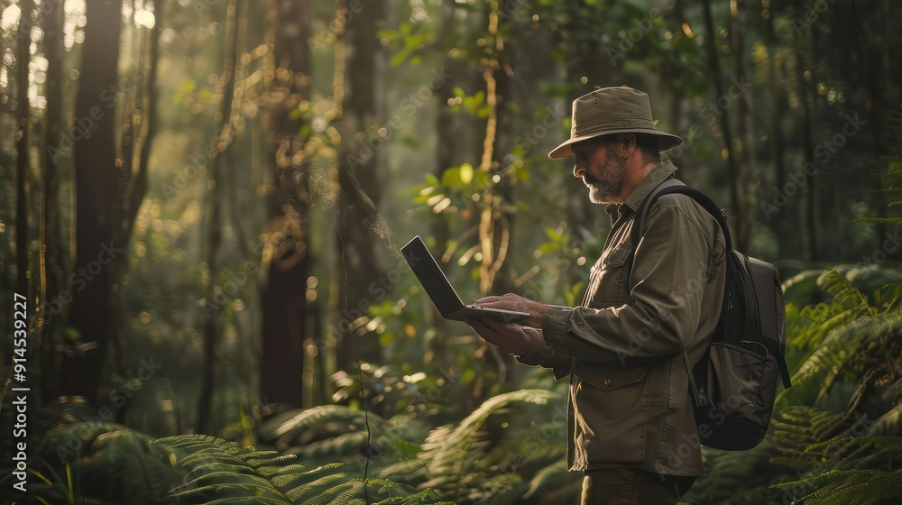 Forest Ranging A forest ranger stands in a dense forest, using a laptop to analyze ...