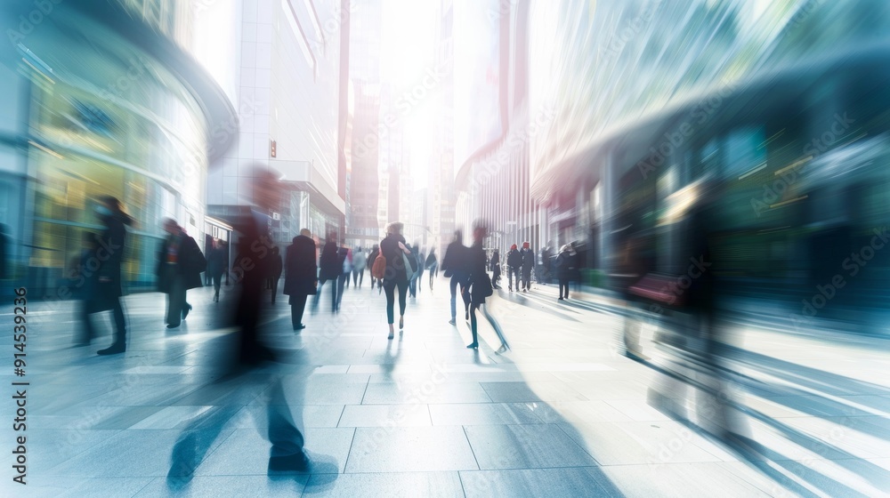 A busy city street with people walking and a blurry background A busy city street with people walking and a blurry background