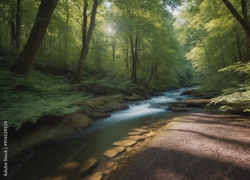 Obraz premium A tranquil stream gently flowing through a lush green forest, creating a peaceful atmosphere
