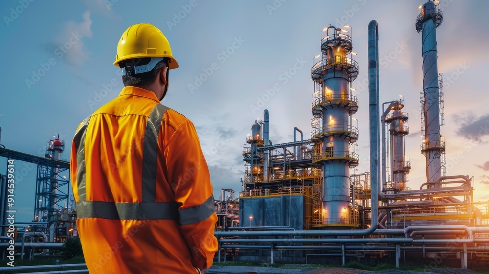 A man in a yellow safety vest stands in front of a large industrial plant A man in a yellow safety vest stands in front of a large industrial plant