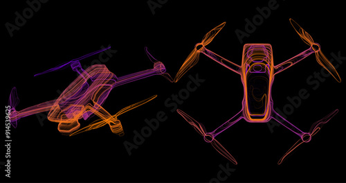 An abstract depiction of an unmanned drone in the sky, consisting of lines and shapes. The concept of the carcass of cars. Background