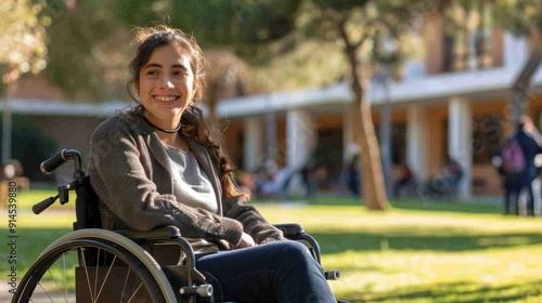 A young smiling female student with disability sitting in wheelchair in a college campus