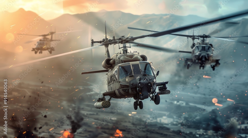 Three military helicopters are flying over a battlefield Three military helicopters are flying over a battlefield
