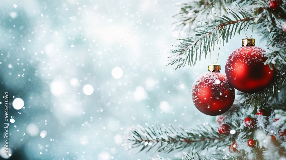 Close-up of red Christmas baubles on snowy tree. Close-up of red Christmas baubles on snowy tree.