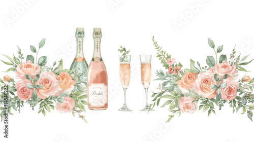 Champagne bottles and two glasses with flowers, watercolor painting