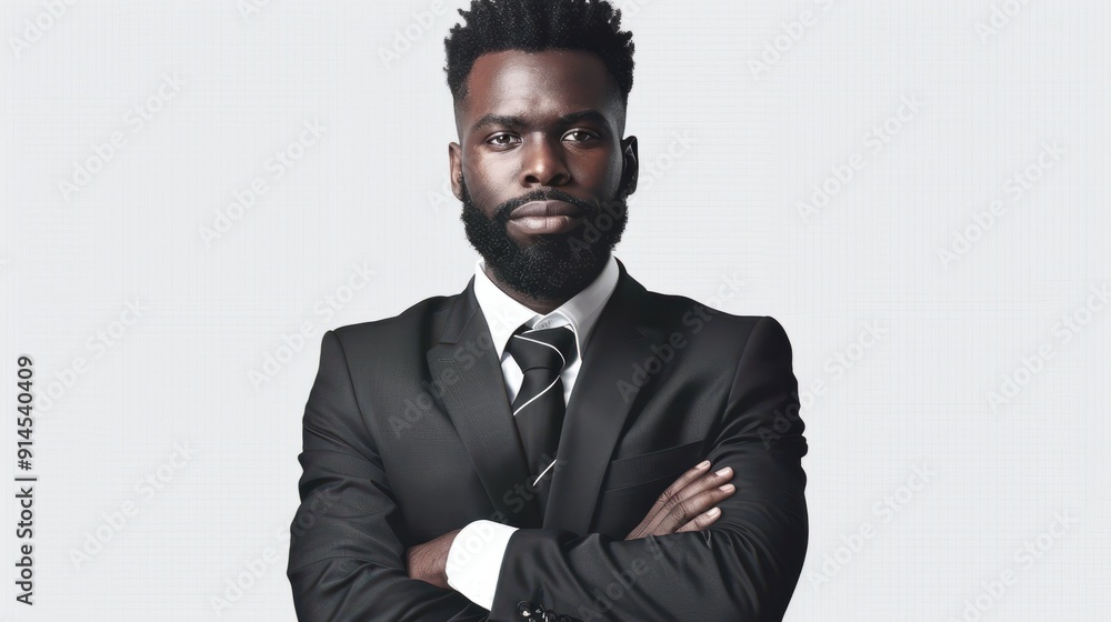 Business man portrait isolated on white transparent background, Afro businessman in suit, crossed arms, PNG Business man portrait isolated on white transparent background, Afro businessman in suit, crossed arms, PNG