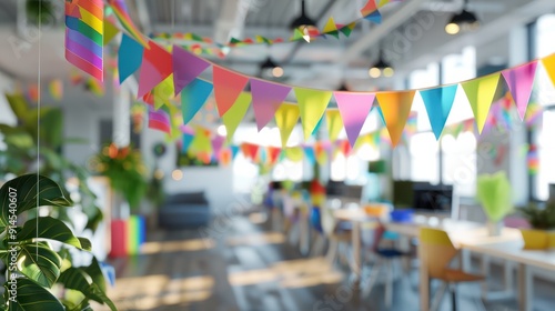 Wallpaper Mural Celebrating pride month in the office. Blurred open plan vibrant creative workplace image with rainbow bunting and gay lgbtq. party flags. Inclusive. Torontodigital.ca