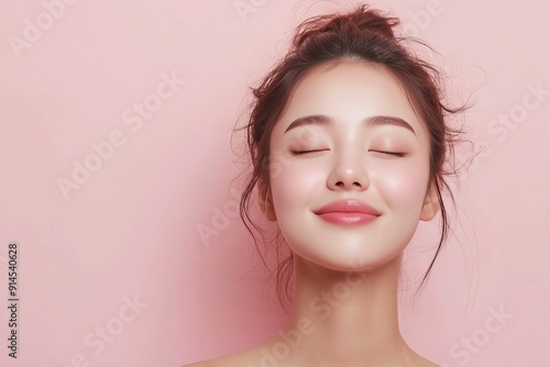 Portrait of a young asian woman over pink background, Copy Space. photo