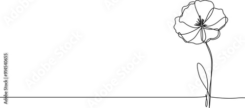 continuous single line drawing of wild flower, corn poppy line art vector illustration