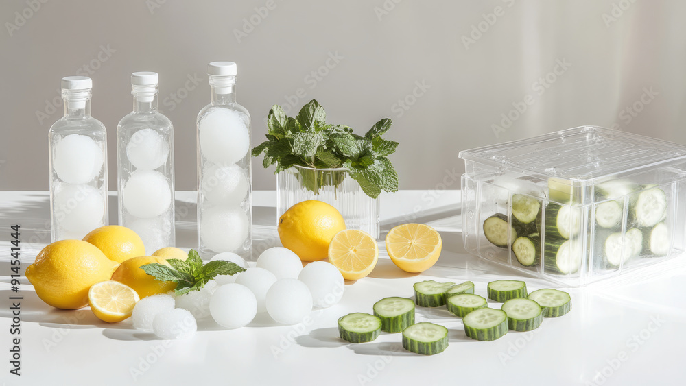 Fresh Lemons, Cucumbers, and Mint Infused Water with Ice Balls Fresh Lemons, Cucumbers, and Mint Infused Water with Ice Balls