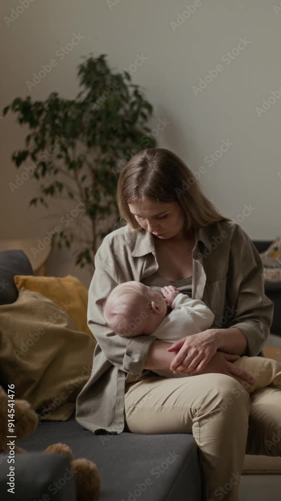 Vertical full shot of young Caucasian woman sitting on couch cradling and breasfeeding baby daughter or son peacefully sleeping in arms of mother Vertical full shot of young Caucasian woman sitting on couch cradling and breasfeeding baby daughter or son peacefully sleeping in arms of mother