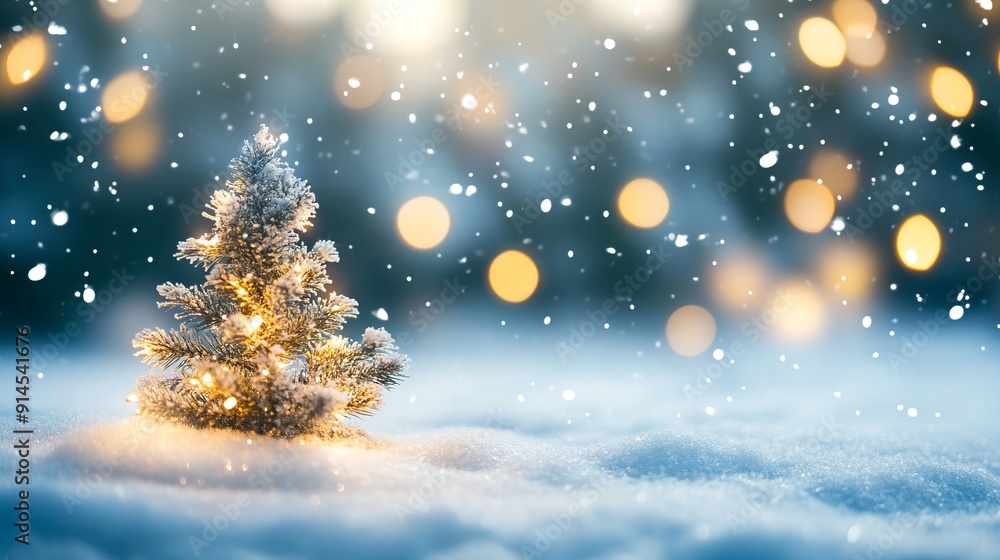 Lone Christmas tree glowing in snowy landscape. Lone Christmas tree glowing in snowy landscape.