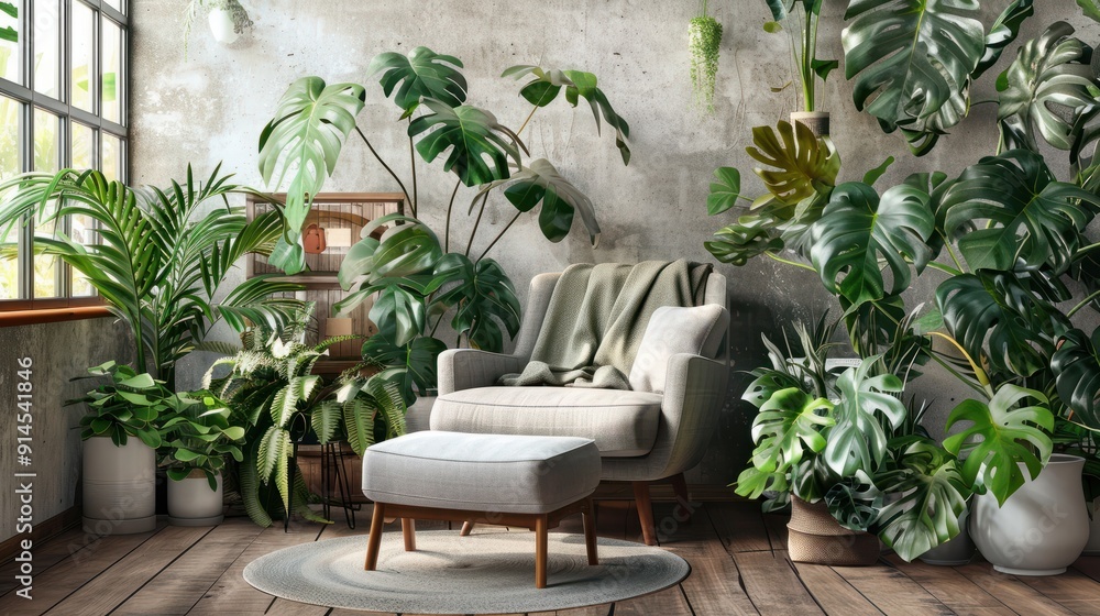 Grey armchair, indoor plants, monstera, palm trees. Urban jungle apartment. Biophilia design. Cozy tropical home garden. Home gardening. Gardening, hobby concept Eco friendly decor of living room Grey armchair, indoor plants, monstera, palm trees. Urban jungle apartment. Biophilia design. Cozy tropical home garden. Home gardening. Gardening, hobby concept Eco friendly decor of living room